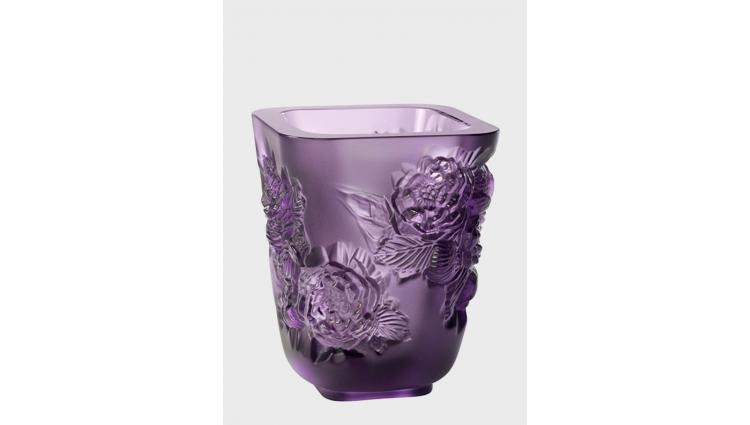 Lalique Pivoines vase in purple - content 