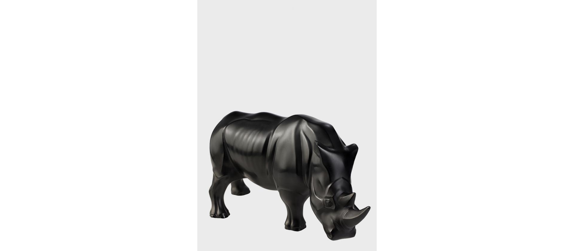 Sculpture Lalique Rhinoceros in black crystal big